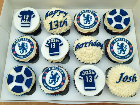 Chelsea cupcakes Chelsea Cupcakes, Men Cupcakes, Soccer Birthday Cakes, Chelsea Soccer, Football Cupcakes, Cupcakes For Men, Cupcakes Fondant, Ideas Cupcakes, Cupcake Illustration