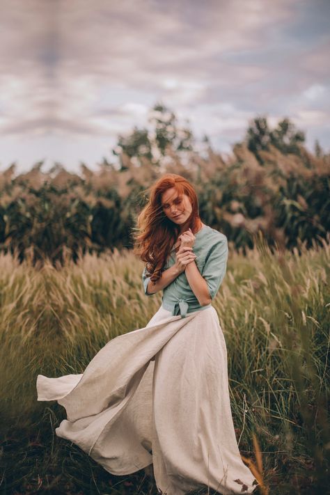 "Linen Skirt, Wrap Skirt, Maxi Skirt ♠ Effortless long skirt that is made of 100% pure linen and has a tie wrap closure. This rich maxi skirt looks feminine while being super comfy and breezy. Made from natural washed and soft linen that has a thick texture and is perfect for the summer weather. ♠ Sizes The model on the picture is 168 cm/5'5\" tall and is wearing size XS. Have a look at my Size Chart below to make sure your piece will fit you best. ** Custom Orders For any changes or adjustments Photoshoot In Historical Place, Countryside Fashion Photography, 5’5 Height Women, Dressing For The Female Gaze, Maxi Skirt Photoshoot, How To Be Soft And Feminine, Plus Size Feminine Style, Femininity Photography, Inspired Photoshoot Ideas