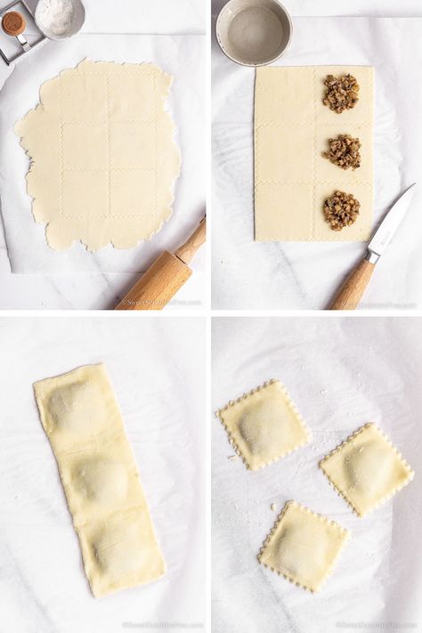 Homemade Gluten Free Ravioli (Egg free) Gluten Free Ravioli Recipe, Homemade Ravioli Dough, Gluten Free Pasta Dough, Homemade Gluten Free Pasta, Gluten Free Ravioli, Ravioli Dough, Leftover Dough, Homemade Ravioli, Filled Pasta