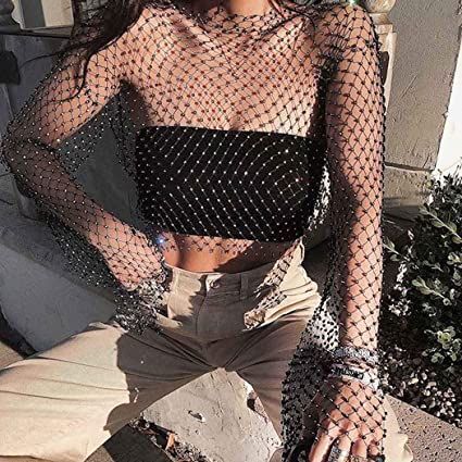 Crop Top Styles, Fishnet Crop Tops, Fishnet Top, Rhinestone Top, Club Tops, Crystal Diamond, Summer Crop Tops, Cropped Tops, Mesh Long Sleeve