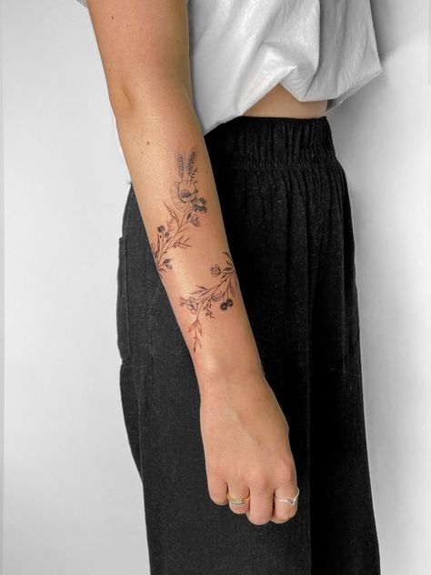 Floral Sleeve Tattoo Forearm, Soft Sleeve Tattoos For Women, Fineline Floral Tattoo Arm, Women Vine Tattoo Arm, Dainty Lower Arm Tattoos, Floral Arm Wrap Tattoo Design, Flowers Around Forearm Tattoo, Dainty Floral Arm Wrap Tattoo, Floral Tattoo Design Wrap