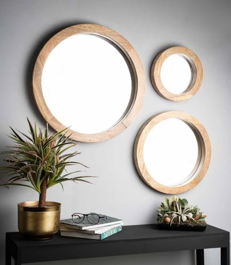 Three Mirrors On Wall Ideas, Dining Room Mirror Wall, Modern Partition Walls, Carving Knives, Round Mirror Decor, Wall Mirrors Set, Wood Wall Mirror, Round Wall Mirror, Mirror Set