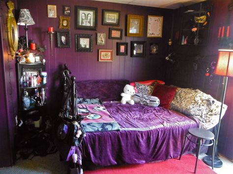 Subtle Goth Bedroom! I definitely have a wall of frames like that in my room! Dark Victorian, Goth Bedroom, Gothic Room, Gothic Bedroom, Purple Bedrooms, Purple Rooms, Bedroom Setup, House Room, Room Inspiration Bedroom