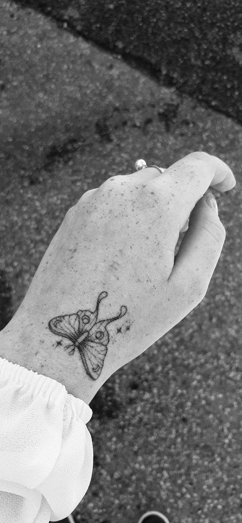 Luna Moths Tattoos, Moth Tattoo Stick And Poke, Wrist Moth Tattoo, Lunar Moth Tattoo Small, Tiny Luna Moth Tattoo, Luna Moth And Moon Tattoo, Luna Moth Tattoo Small, Mini Moth Tattoo, Hand Moth Tattoo