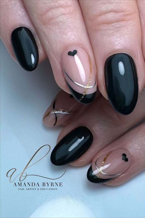 Give your nails a touch of love with these chic black French tips by @amanda_byrne_nailartist, featuring tiny black heart nail art, delicate silver lines, and a hint of gold glitter. Elevate your manicure game with this stylish and romantic design that’s perfect for expressing your unique flair. Black And Silver Nail Designs, Silver Nail Ideas, Black And White Nails, Silver Nail Designs, Silver Nail, Nail Artist, White Nails, Nail Ideas, Black Silver