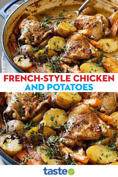 Take your tastebuds on a trip to France with this delicious and easy French-style creamy chicken and potato bake. French Chicken Casserole Damn Delicious, French Braised Chicken, French Chicken And Potatoes, Stewed Chicken And Potatoes, French Style Chicken And Potatoes, French Chicken Recipes Authentic, French Chicken Breast Recipes, Chicken And Red Potato Recipes, Easy French Recipes Dinner