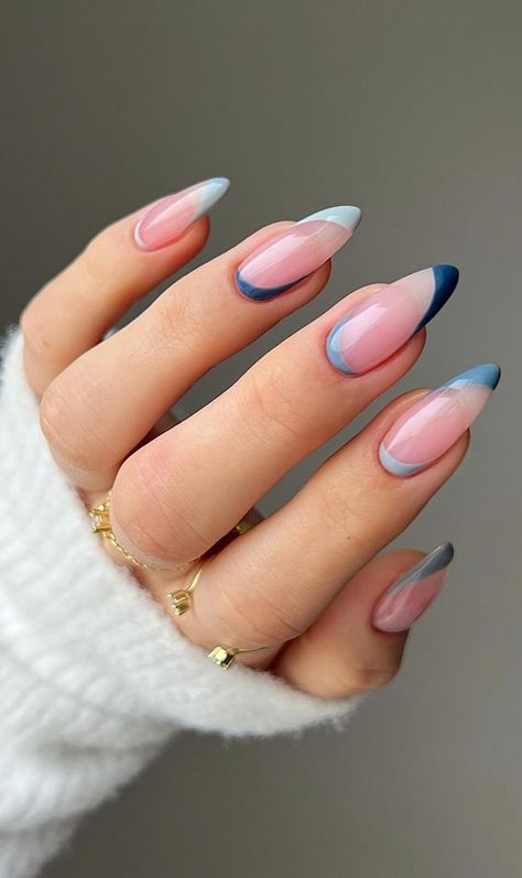 blue nails, butterfly blue nails, blue nail designs, blue nail art, blue nail ideas, mismatched blue nails, short blue nails, simple blue nails, almond blue nails Trendy Blue Nails, Reverse French Nails, Blue Wedding Nails, Reverse French, Blue Nail Art Designs, Blue And White Nails, Royal Blue Nails, Dark Blue Nails, Blue Gel Nails