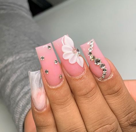 Pink nails Marble design 3d Flower Square Cute Nails, Pink Nails With 3d Flowers, Nail Inspo Tapered Square, Nails Marble, 3d Flower Nails, Nails 3d, Acrylic Nail Set, Tapered Square, Acrylic Flowers