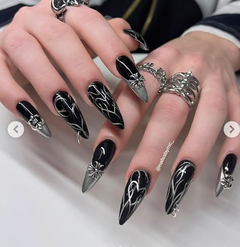 Ateez Nails, Black Silver Nails, Concert Nails, Mint Nails, Uñas Ideas, Punk Nails, Gothic Nails, Edgy Nails, Goth Nails