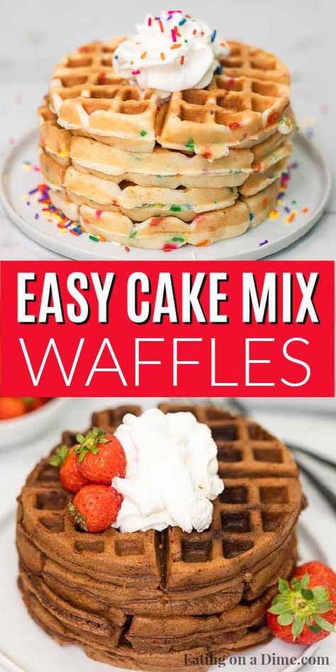 This cake mix waffles recipe is so fun and easy for the kids to make. These cake mix waffles boxes recipe can be made with your favorite flavors: funfetti, chocolate and strawberry. Learn how to make this cake mix waffles recipe with a box cake mix. This recipe is so easy, your kids can make this recipe boxes of cake mix waffles! #eatingonadime #cakemixrecipes #cakemixwaffles #easydesserts #kidrecipes Cake Mix In Waffle Iron, Cake In Waffle Maker, Waffle Cake Mix Recipe, Waffle Maker Recipes Desserts, Waffle Iron Cake, Cake Mix Waffle Cookies, Cake Mix In Waffle Maker, Cake Mix Pancakes Recipe, Waffles With Cake Mix Boxes