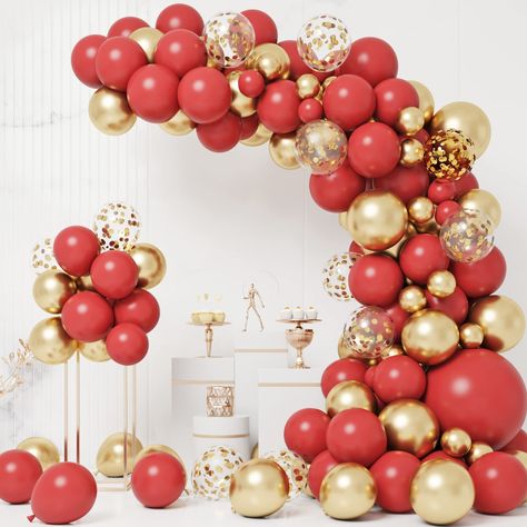 PRICES MAY VARY. Package Includes: The red and gold balloons arch kit contains 51pcs 5/10/12/18 inch red balloons, 41pcs 5/10/12/18 inch metallic gold balloons, 9pcs 12 inch gold confetti balloons and 1 roll of 32-foot ribbons, 1 roll of 16-foot decorative strip, 1 roll of 100 dots glue. High-quality Balloons: Our red and gold balloons are made of high-quality latex, non-toxic. These balloons can support air and helium. Easy to use: After the confetti balloon is inflated, the confetti can be adh Red And Gold Balloons, Balloon Wreath, Paper Balloon, Anniversary Party Decorations, Gold Confetti Balloons, Garland Arch, Celebration Birthday, Christmas Balloons, Black Balloons