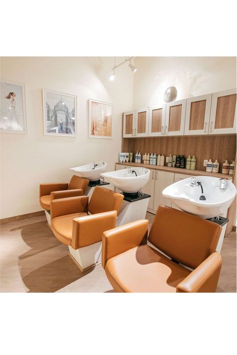 Hair Wash Station Salon, Salon Hair Washing Station, Wash Station Salon, Brown Salon Chairs, Shampoo Chairs Salon, Salon Washing Station Ideas, Hair Salon Wash Station, Salon Wash Station, Salon Chairs Ideas