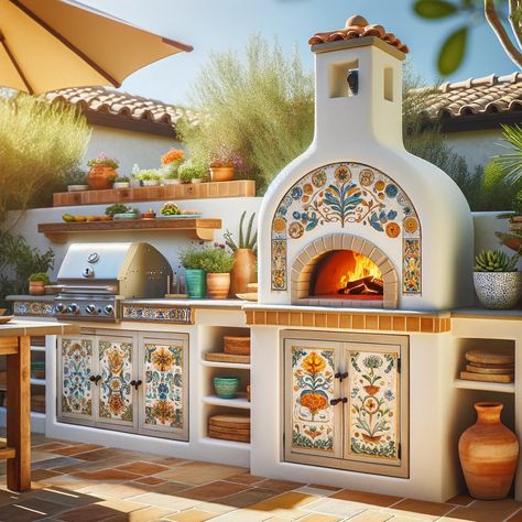 Italian Outdoor Kitchen, Spanish Bbq, Patio Kitchen Ideas, Spanish Outdoor Kitchen, Pizza Oven Outdoor Kitchen, Rustic Outdoor Kitchens, Diy Pizza Oven, Dirty Kitchen, Fire Pit Landscaping