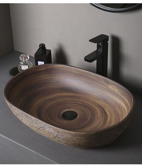 Retro Style Countertop Ceramic Basin Oval Imitation Wood Grain Wood Color Bathroom Wash Basin Wooden Sink, Lavatory Sink, Vessel Sink Bathroom, Bowl Sink, Basin Sink, Bathroom Sink Vanity, Ceramic Sink, Bathroom Colors, Traditional Bathroom