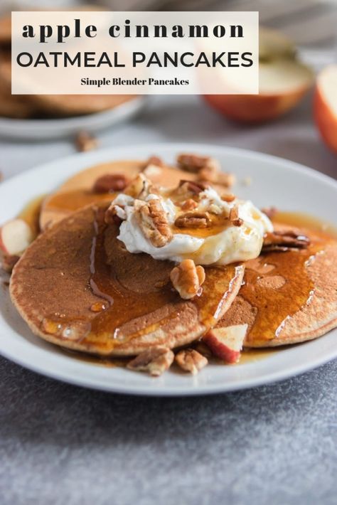 Hearty oats, juicy apples and plenty of cinnamon make these Apple Oatmeal Pancakes the perfect easy breakfast! Fluffy and full of flavor, all you have to do is pop everything in the blender! This pancake recipe is great for all of your brunching fun. #pancakes #applepancakes #oatmealpancakes #applecinnamon #breakfast #blenderpancakes Apple Oatmeal Pancakes, Fun Pancakes, Blender Pancakes, Apple Recipes Healthy, Apple Cinnamon Oatmeal, Better Breakfast, Thai Soup, Pancake Toppings, Cinnamon Pancakes