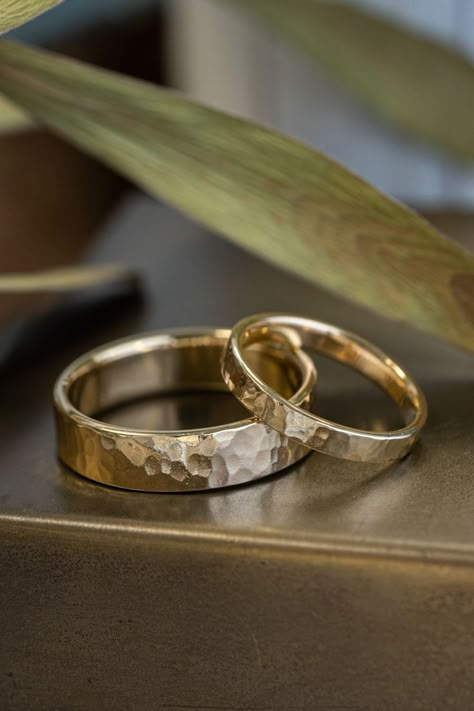 marsh-edisto-matching-hammered-yellow-gold-wedding-band-set-rustic-and-main-10k-14k-18k Hammered Gold Wedding Band, Unique Gold Wedding Bands, Recycled Gold Ring, Hammered Wedding Rings, Hammered Gold Ring, Hammered Wedding Bands, Mens Wedding Bands Unique, Stormy Seas, Rustic Wedding Rings