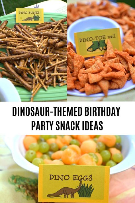 These snacks are perfect for your dinosaur-themed party! Super cute and easy to make. #SnackIdeas #PartyIdeas #DinosaurParty #KidsPartyIdeas Dinosaur Bday Party Food, Easy Dinosaur Party Food, Food For A Dinosaur Birthday Party, Food Ideas For Dinosaur Party, Dinosaur Party Snacks Food Ideas, Dinosaur Themed Snacks Birthday Parties, Dinosaur Birthday Party Snack Ideas, Dino Themed Drinks, Dinosaur Birthday Snack Ideas