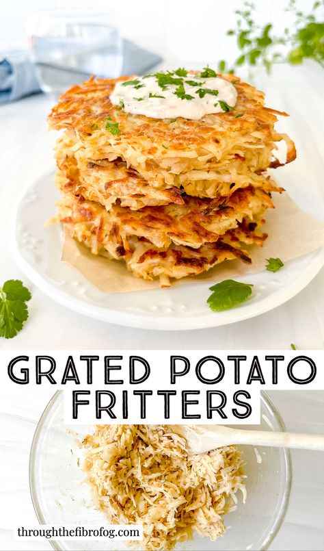 labelled grated potato fritters on a white plate topped with sauce and herbs, and fritter ingredients in a glass bowl. Potato Hashbrown Patties, Ham And Cheese Potato Fritters, Breakfast Fritters Recipe, Potato And Ham Fritters, Potatoe Patty Recipe, Potato Patties Shredded, Homemade Potato Patties, Shredded Potato Patties, Vegan Potato Fritters