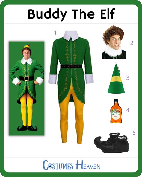 Try out the Buddy the Elf costume and become a Christmas event icon. It's a fun way to get ready for Christmastime, even as far back as Halloween. #buddytheelfcostume#buddytheelf#costumesheaven#costumeguide#cosplayguide#costume#cosplay Buddy The Elf Christmas Party Ideas, Elves Costume, Munchkin Costume, Buddy The Elf Costume, Diy Elf Costume, Elf Themed Christmas Party, Elf Cap, Christmas Party Costume, Christmas Elf Costume