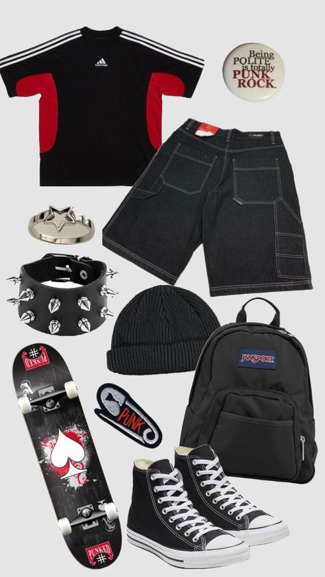 Sk8r #punk #cool #skate #outfitinspo #red #black #outfit #inspo #vintage #90s #adidas #beanie #spikes Edgy Punk Aesthetic, Skate Punk Outfit, Outfit Inspo Vintage, Red Black Outfit, Punk Style Men, Skate Outfit, Adidas Beanie, Skate Punk, Styled Outfits