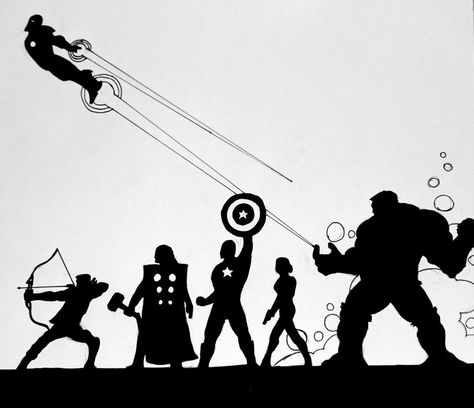 Latest and final instalment in the marvel movie silhouette series I'm thinking about doing ones for the dark knight trilogy and man of steel, thoughts? Sorry for the massive delay, I actually compl... Avengers Silhouette, Avengers Decals, The Dark Knight Trilogy, Marvel Drawings, Pahlawan Marvel, Silhouette Cameo Projects, Cameo Projects, Silhouette Art, Kirigami