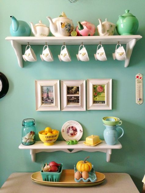 I love this tea nook. I would want open shelves to display lose leaf teas in gorgeous jars! Nyc Kitchen, Tea Cup Display, Kitchen Design Color, Trendy Kitchen, Kitchen Colors, A Shelf, Tea Room, Wall Color, Kitchen Wall