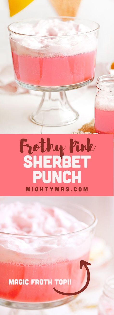 Frothy Pink Sherbet Punch - Perfect for a baby or bridal shower, wedding shower, or a birthday party. This pretty pink punch is easy to make. Just 2 ingredients for this recipe— raspberry sherbet and raspberry ginger ale. The combination naturally creates the frothy top! Adults and kids both love it. If you want to add alcohol—try whipped Vodka. Add a few splashes of pineapple juice if you want a more complex flavor. You can also substitute ginger ale with Sprite. Yummy! #pinkpunch #babyshower Ice Cream Punch, Princess Punch, Pink Party Punches, Blue Punch Recipe, Easy Party Drinks, Raspberry Punch, Sherbet Punch, Whipped Vodka, Raspberry Sherbet