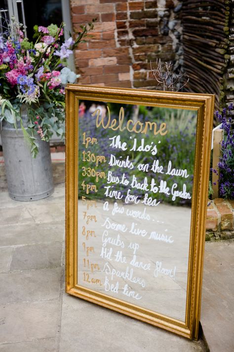 Gold guilt Mirror Order of The Day Sign | Back To The Garden Wedding Venue in Norfolk | Enchanted Garden Theme | Justin Alexander Bridal Gown | Pastel Bridesmaids | Lydia Stamps Photography | http://www.rockmywedding.co.uk/kerry-steve/ Mirror Wedding Signs, Order Of The Day Wedding, Bouquet Champetre, Wedding Sign Decor, Wedding Mirror, Garden Wedding Venue, Order Of The Day, Wedding Order, Enchanted Garden