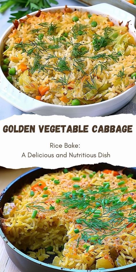 Golden Vegetable Cabbage Rice Bake: A Delicious and Nutritious Dish Ingredients For the Rice: 1 cup of rice (200 grams), rinsed 2 cups of water (400 ml) 1 teaspoon of salt #Cabbage #Delicious Rice And Cabbage, Rice Bake, Cabbage Rice, Cabbage Salad Recipes, Rice Cooker Recipes, Vegetable Rice, Cup Of Rice, 15 Minute Meals, Tasty Vegetarian Recipes