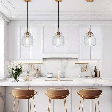 Breakwater Bay Meya 1 - Light Single Bell Pendant & Reviews - Wayfair Canada White Kitchen Gold Pendant Lights, Brass Island Pendants, Pendant Lights Over Kitchen Island Ideas, Chandelier Dress, Linear Kitchen Island Lighting, Farmhouse Kitchen Shelves, Lights Over Kitchen Island, Modern Linear Chandelier, House Renos