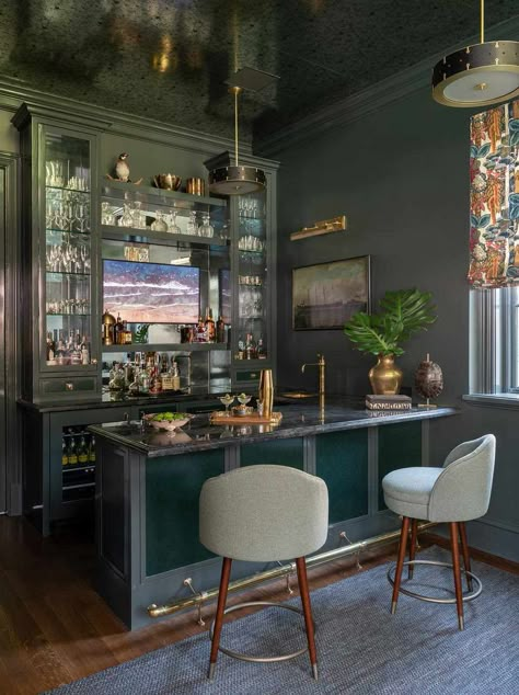 23 Wet Bar Ideas For The Ultimate Entertaining Space, According To Designers Walk In Bar In Living Room, At Home Bar Room, Dry Bar With Seating, Contemporary Wet Bar Designs, Home Office And Bar Combo, Bar Room Ideas For Home, Small Bar In House, Bar In Library, Home Bar And Library