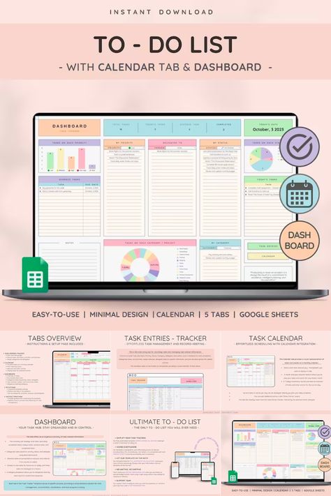 Experience ultimate productivity with SerenatasEssentials' To-Do List & Task Tracker. Manage daily, weekly, and monthly tasks effortlessly. This versatile planner lets you track deadlines, prioritize tasks, and gain insights into your productivity. With customizable setup, a calendar view, and a dashboard for easy visualization, this tool is perfect for professionals, students, and busy parents. Say goodbye to chaos and hello to an organized, efficient life. Get started now! 🚀 Productivity Templates, Task Calendar, Life Tracker, Spreadsheet Design, Monthly Tasks, Excel Budget Spreadsheet, Monthly Organization, Task Tracker, Planner Apps