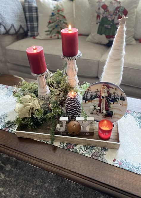 Decorating A Tray For Christmas, Christmas Serving Tray Decor, Christmas Ottoman Tray Decor, Christmas Tray Decor Ideas, Wooden Decoration Ideas, Christmas Tray Decor, Christmas Coffee Table Decor, Christmas Dining Table Decor, Tray Decor Christmas