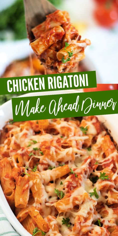 Make ahead chicken rigatoni is a delicious and easy dinner you can make any night of the week. Give this chicken pasta dish a try for dinner. #chicken #Pasta #rigatoni #passion4savings #recipe #dinner #makeahead #pastachicken #chickenpasta #redsauce #mealplan Chicken Rigatoni Recipes Baked, Make Ahead Chicken Pasta Bake, Rigatoni And Chicken Recipes, Easy Make Ahead Pasta Dishes, Rigatoni Chicken Pasta, Rigatoni Recipes Chicken, Chicken Rigatoni Pasta Recipes, Canned Chicken Pasta Recipes, Make Ahead Pasta Dishes