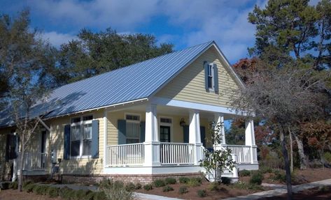 Blue Metal Roof Houses Color Combos, Metal Roof Houses Color Combos, Blue Metal Roof, Metal Roof Houses, Prefabricated Homes, Metal Roof Colors, Small Cottage House Plans, Blue Roof, Siding Colors