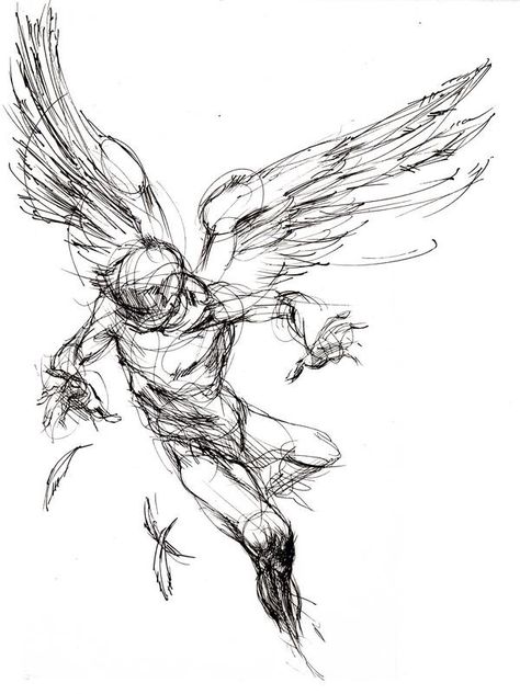 Falling Art Reference Poses, Sketch Angel Tattoo, Goth Tattoo Sketch, Icarus Art Drawings, Icarus Falling Tattoo Design, Icarus And Apollo Tattoo, Derek Hess Tattoo, Icarus Falling Art, Bastille Tattoo Ideas