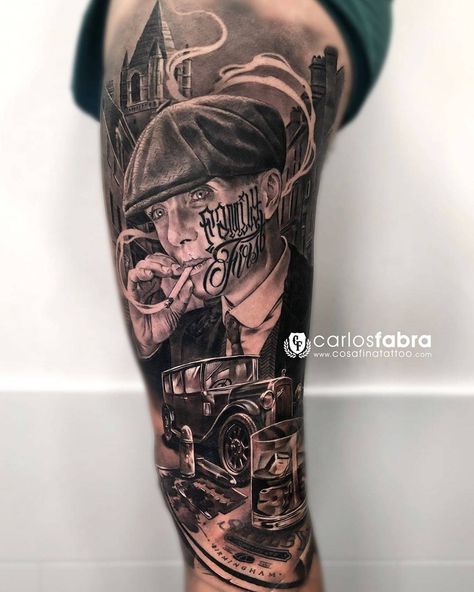 Carlos Fabra's black&grey realistic tatto Tattoo Mafia, Chicanas Tattoo, Best Leg Tattoos, Chicano Tattoos Sleeve, Gangsta Tattoos, Chicano Style Tattoo, Forarm Tattoos, City Tattoo, Leg Tattoo Men