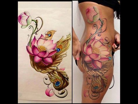 Bum Tattoo, Hip Thigh Tattoos, Peacock Feather Tattoo, Side Tattoos, Lotus Tattoo, Tattoo Feminina, Girly Tattoos, Feather Tattoos, Elegant Tattoos