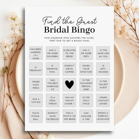 Find The Guest Bridal Shower Bingo Game Card Find The Guest Bingo Bridal Shower Game, Bridal Shower Bingo Printable Free, Bingo Printable Free, Wedding Bingo, Free Bingo Cards, Find The Guest, Bridal Shower Bingo, Bingo Template, Fun Bridal Shower Games