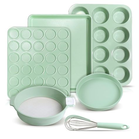 PRICES MAY VARY. 6-PIECE BAKEWARE SET: The 6-Piece Baking Pan Set offers a complete durable nonstick bakeware set. Includes baking pan, pizza pan, 12 cup muffin pans，cookie sheet, 60 Mesh Round Sifter，Stainless steel whisk with silicone spatula SUPERIOR NONSTICK TECHNOLOGY: The interlocking non-stick layers inside each baking pan are designed to provide long-lasting, high-performance release, ensuring that food comes off easily and without residue STURDY, WARP RESISTANT BAKING SET: The tough mat Baking Set Aesthetic, Baking Pans Set, Pan Cookies, Kitchen Utensils Set, Pan Cake, Baking Equipment, Cookie Sheets, Cookie Pizza, Baking Items