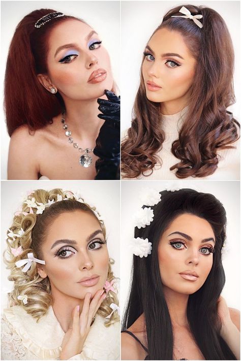 Jackie Wyers is pictured in a collage with 4 different makeup and hair looks inspired by the 60s. She has red hair like gigi hadid at the met gala 2021, brown hair tied with a bow, blonde hair in a curly updo like sharon tate's bridal look and long black hair with volume and flowers inspired by Priscilla Presley. 60’s Look, Retro Eye Makeup 1960s, Sharon Tate Costume Halloween, 1960 Makeup And Hair, Style 60s Woman, Early 60s Makeup, 60s Iconic Women, Modern 60s Hair, Priscilla Presley 60s Fashion