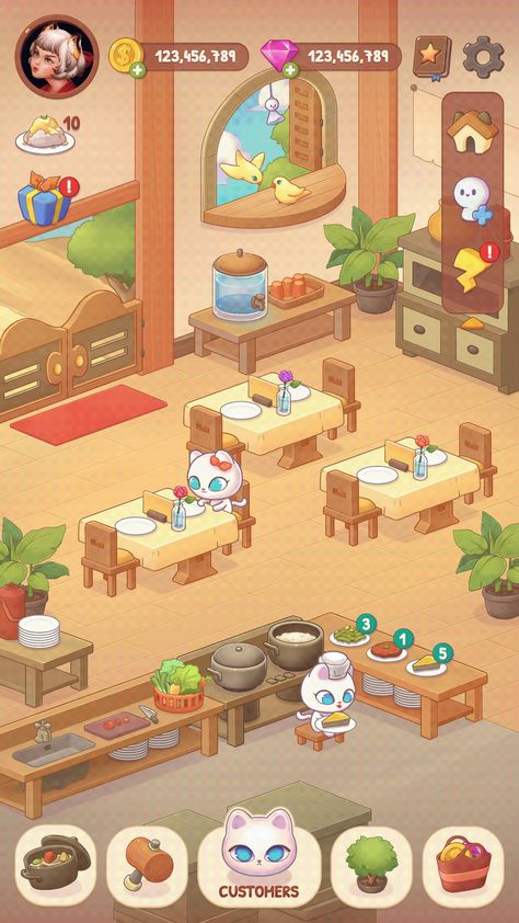 Mobile Game Art, Puzzle Game Ui, Chibi Games, Restaurant Game, Idle Game, Game Cafe, Cat Game, Game 2d, Shopping Games