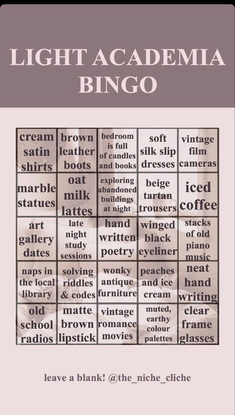 Dark Academia Bingo, Different Cores Types List, Types Of Aesthetics List, Aesthetics List, Bingo Challenge, Interesting Activities, Types Of Aesthetics, Dark Academy, Candle Dressing