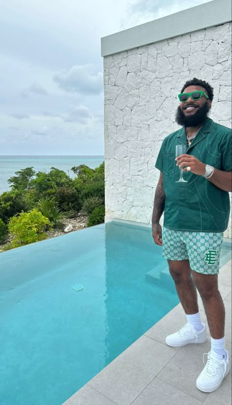 Mem Vacation Outfit, Maldives Honeymoon Outfits Men, Men Florida Outfits, Jamaican Men Fashion, Mens Puerto Rico Outfits, Men Outfits Vacation, Mens Jamaica Vacation Outfits, Black Man Beach Outfit, Black Male Vacation Outfits