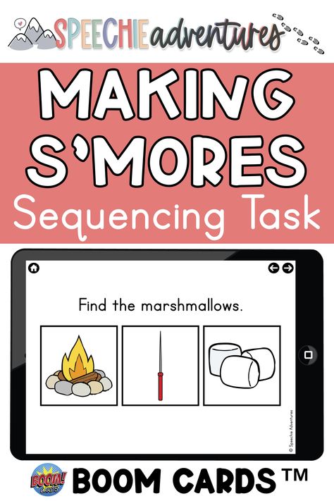 These no-prep Making S'mores Sequencing BOOM Cards are a fun and engaging way to target a variety of goals in speech and language therapy! Smores Sequencing Activity, Sequencing Pictures, Interactive Notes, Speech And Language Therapy, Language Therapy Activities, Kindergarten Worksheets Free Printables, Transition Words, Sequencing Activities, Following Directions