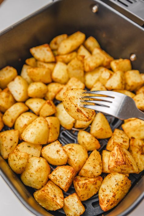 Air Fryer Diced Potatoes - cravingsmallbites.com Air Fryer Diced Potatoes Fresh, Yellow Potatoes Air Fryer, Roasted Diced Potatoes, Air Fryer Diced Potatoes, Airfryer Potatoes, Airfryer Ideas, Parmentier Potatoes, Cream Cheese Roll Ups, Carrot Recipes Side Dishes