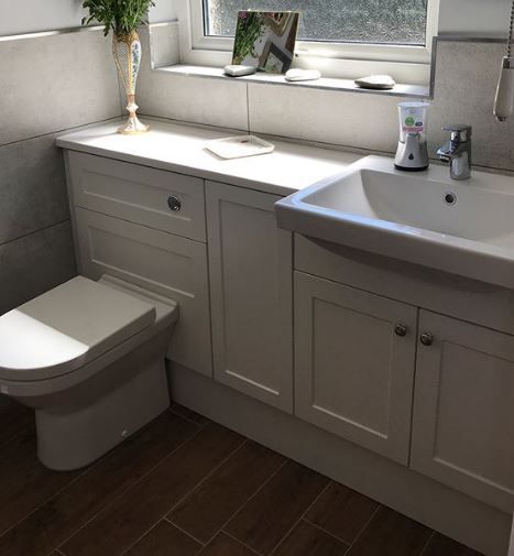 Utopia Bathrooms Furniture, Bathroom Fitted Furniture Ideas, Small Bathroom Ideas With Bath Uk, Bathroom Toilet And Sink Vanity Unit, Fitted Bathroom Ideas, Bathroom Fitted Furniture, Toilet And Sink Bathroom Ideas, Utopia Bathrooms, Green Bathrooms