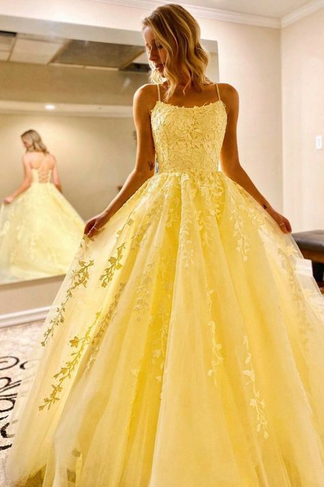 Yellow Formal Dress, Dresses Quince, Blue Quince, Prom Dresses Yellow, Prom Dresses 2020, Spaghetti Strap Prom Dress, Long Prom Gowns, Lace Formal Dress, Lace Prom Dress