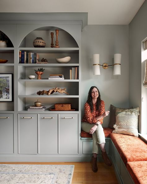 Heidi Callier Built In, L Shaped Shelves Living Room, Boothbay Gray Benjamin Moore Built Ins, Mix Of Vintage And Modern, Two Toned Bookcase, Inexpensive Built Ins, Entrance Shelves, Bookcase Colors, Farmhouse Build