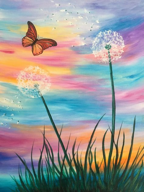 "Original Acrylic on Canvas by painter Jen Livia.   This painting all about the Spring, the sun, the fun of blowing dandelions and the magic of butterflies.  This painting made me so happy to paint.  The canvas has a thick 1.5\" depth making it stand off of the wall and sit on its own.   Painting comes ready to hang on the wall, wired across the back. Greeting Cards have a 4x6 image mounted on card stock, envelope included. 8x10 Ceramic Tile is created in house ready to hang with medal hook on t Portrait Artists, Painting Simple, Beginners Painting, Easy Canvas, Summer Painting, Spring Awakening, Easy Canvas Painting, Abstract Color, Canvas Painting Diy